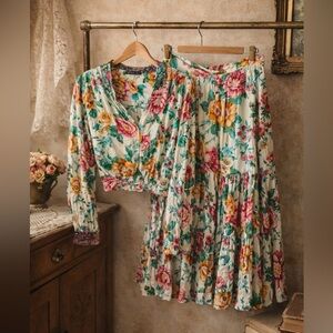 Rare Vintage Carole Little Floral Skirt & Cropped Top Set | Small (4–6)